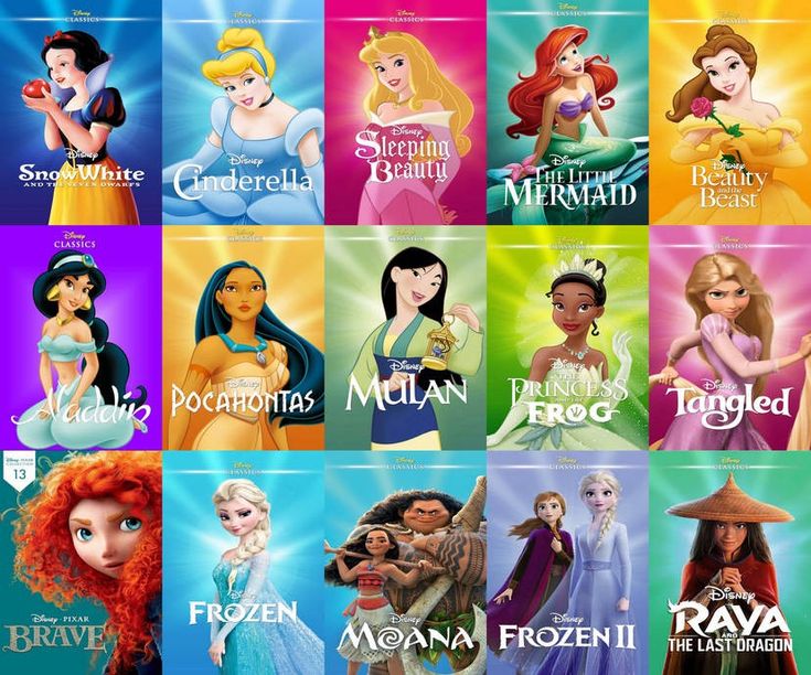 the disney princesses are all in different colors and font choices for each character's name