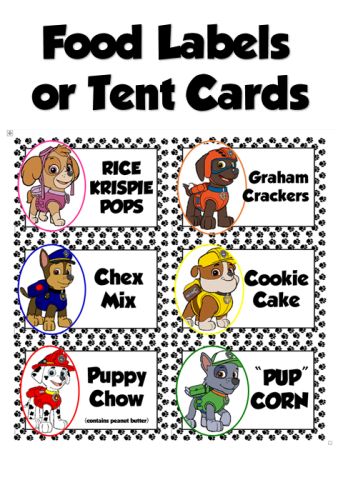 food labels or tent cards for dogs and puppies