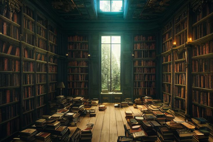 a room filled with lots of books in front of a window