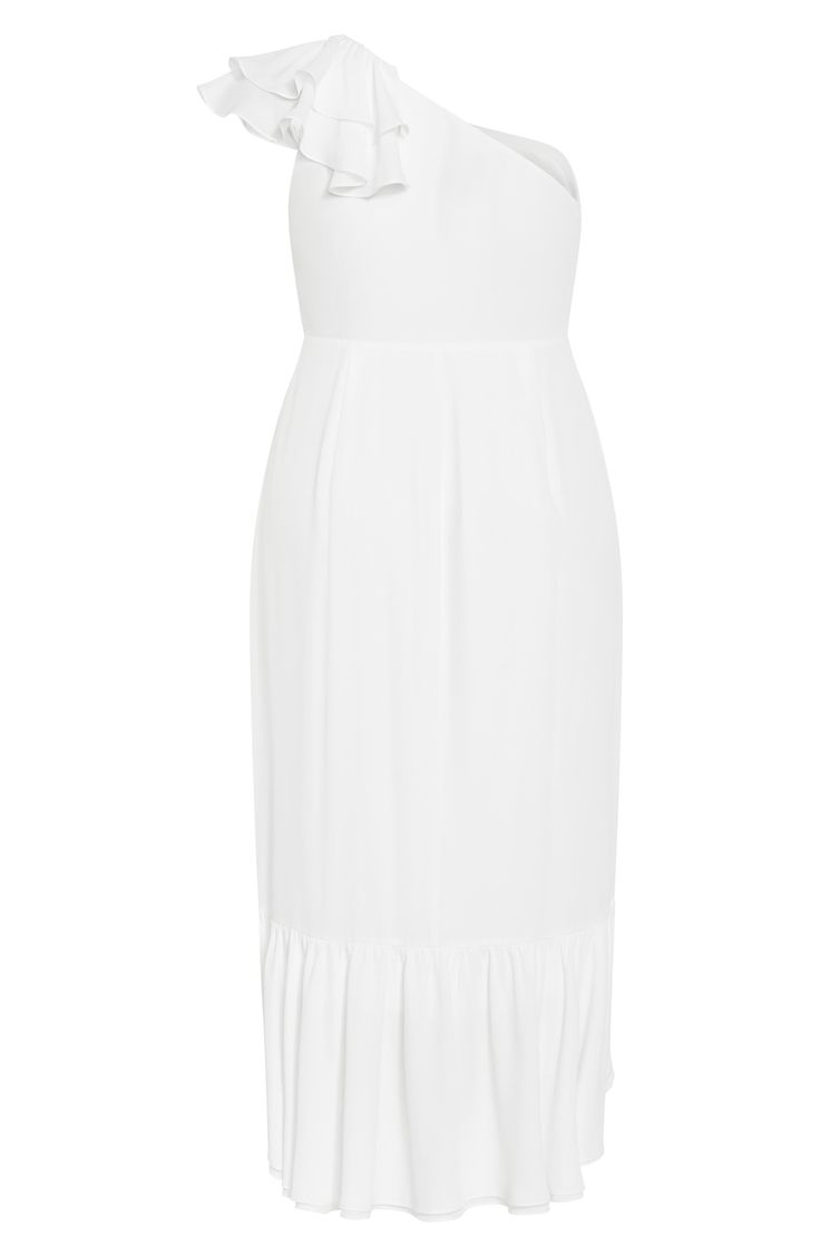 Decadent ruffles starting at the neckline cascade down to the twirl-worthy hemline of a figure-skimming maxi dress perfect for a night of dancing. 48" center front length (size Small/16W) Hidden side-zip closure One-shoulder neck Stretch lining 100% polyester Hand wash, dry flat Imported White Maxi Dress With Ruffled Skirt, Elegant White Maxi Dress With Ruffled Skirt, White Midi-length Elegant Ruffle Dress, Feminine White Dress With Pleated Hem, Sleeveless White Maxi Dress With Ruffled Skirt, White Ruffled Maxi Length Dress, Elegant White Ruffled Ruched Dress, White Maxi Length Dress With Ruffled Skirt, Elegant White Ruched Ruffle Dress