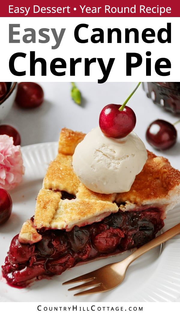 a slice of cherry pie with ice cream on top and the title overlay reads easy year round recipe