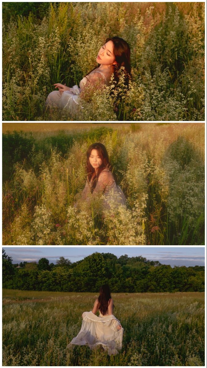 two pictures of a woman sitting in tall grass with her arms around her neck and head