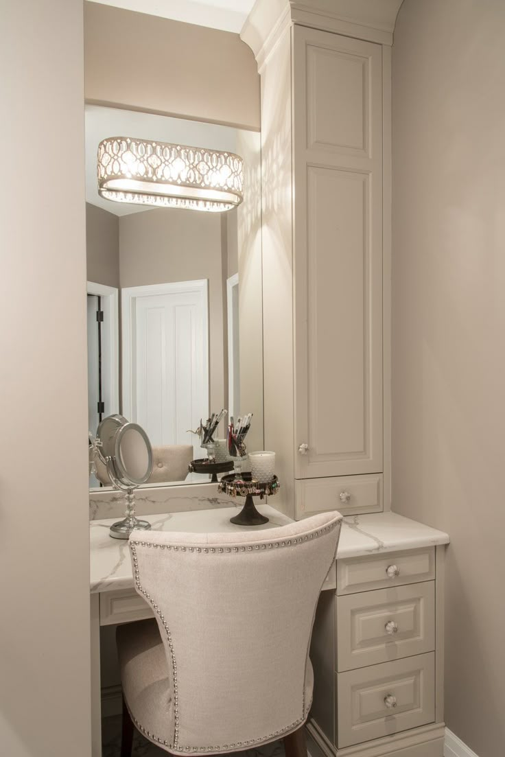 a white vanity and chair in a room