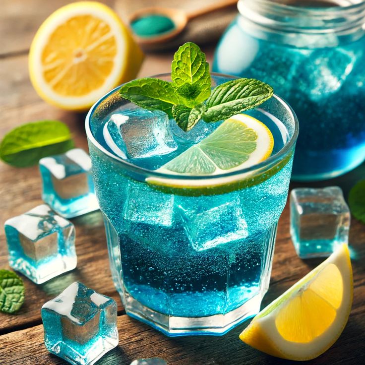 a glass filled with blue liquid next to sliced lemons and mint on top of ice cubes