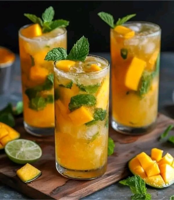 three glasses filled with mango mojitas and mint garnish