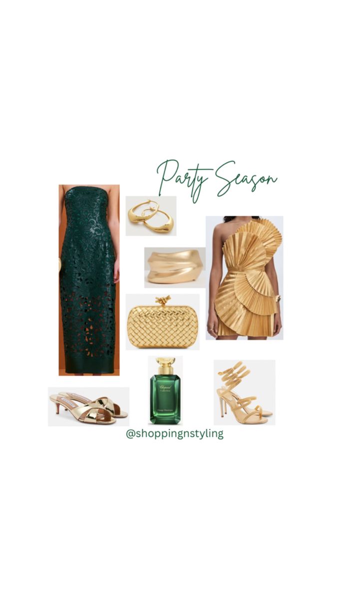 Green dress: Cult Gaia. Gold dress and cuff: Reiss. Bag: Bottega Veneta. Earrings: Monica Vinader. Shoes: Aquazurra, Rene Caovilla. Perfume: Chopard Bottega Veneta Earrings, Party Outfit Ideas, Rene Caovilla, Monica Vinader, Cult Gaia, Gold Dress, Bottega Veneta, Green Dress, Party Outfit