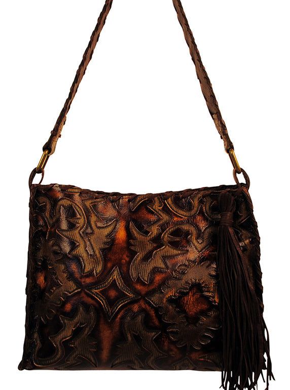 Embossed Laredo sepia design in brown and caramel make this handbag stunning! Brass D-Rings attach to the leather handle. Fabric lining on the inside.Handmade in the USA.Custom made to order. Sorry, no returns.Please allow 2-3 weeks for shipping.Dimensions: 13 x 11 Luxury Brown Leather Hobo Bag, Brown Leather Designer Hobo Bag, Designer Brown Textured Leather Hobo Bag, Brown Textured Leather Top Handle Satchel, Designer Brown Leather Hobo Bag, Formal Brown Leather Hobo Bag, Hand Tooled Top Handle Satchel, Brown Leather Hand Tooled Shoulder Bag, Brown Leather-lined Top Handle Hobo Bag