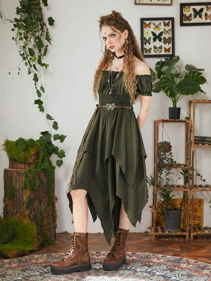 Ren Faire Outfits, Dress Medieval, Fairy Outfit, Fair Outfits, Fest Outfits, Asymmetrical Hem Dress, Medieval Dress, Fern Green, Fairy Costume