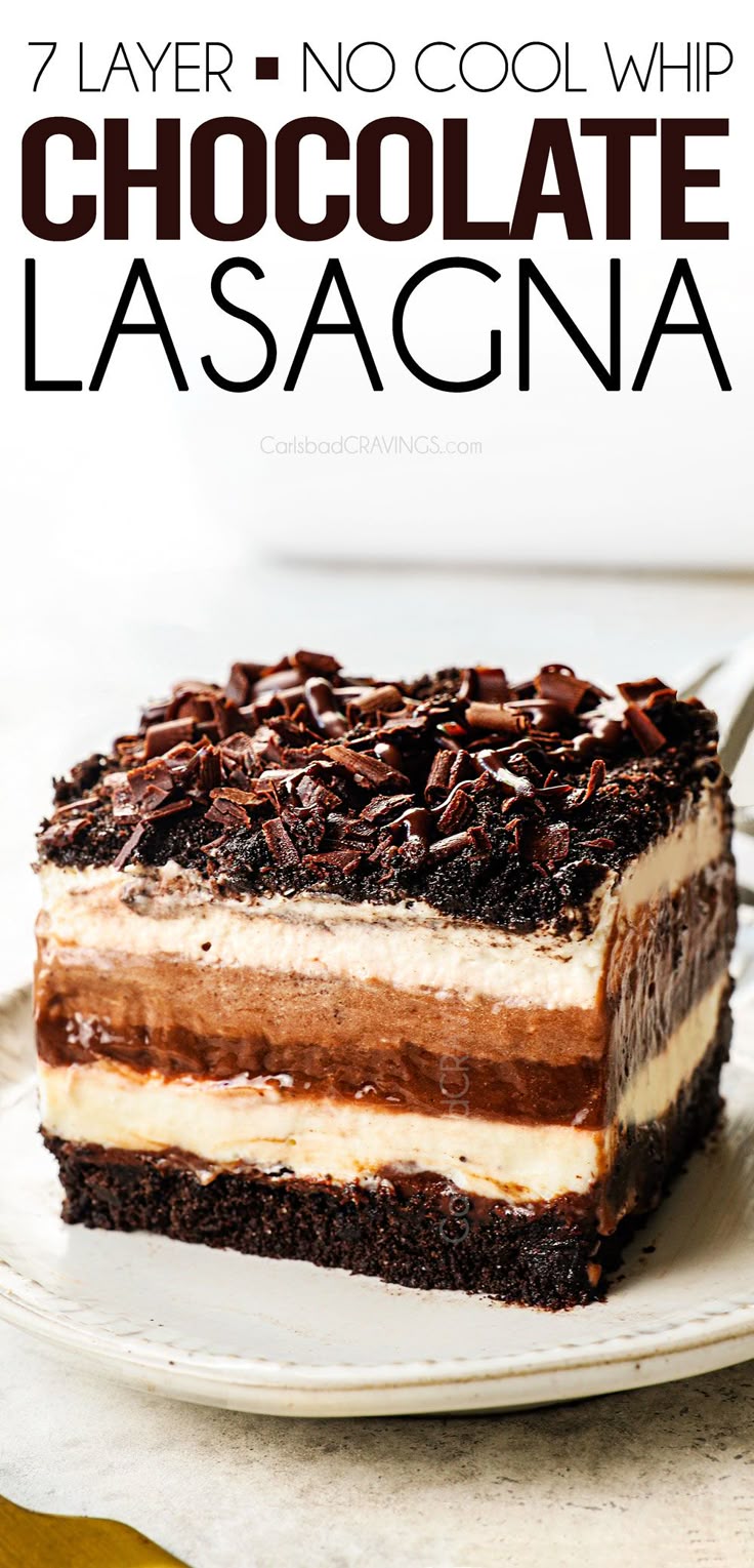 chocolate lasagna layer cake on a white plate with text overlay that reads 7 layer no cool whip chocolate lasagna