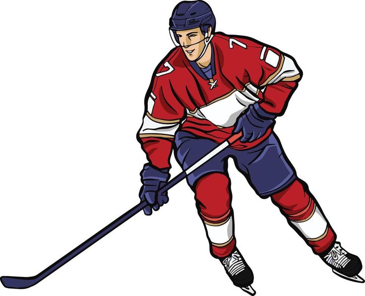 an ice hockey player in red jersey and blue pants skating on the ice with his stick