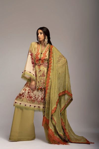 Spring Beige Sets With Dabka Detail, Spring Beige Dabka Sets, Green Printed Unstitched Suit For Wedding, Beige Digital Print Summer Sets, Beige Digital Print Sets For Summer, Summer Beige Digital Print Sets, Green Summer Dupatta With Digital Print, Green Printed Unstitched Suit For Summer, Summer Green Printed Unstitched Suit