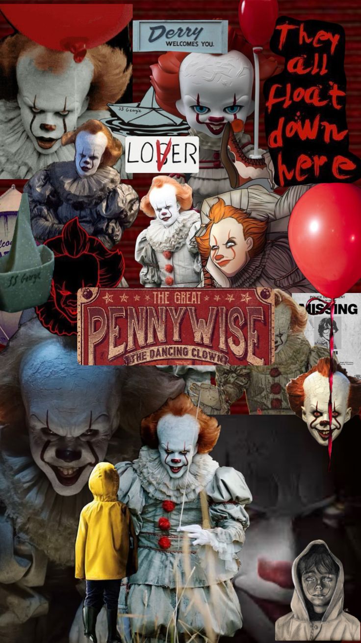 a collage of pennywisee and other characters with balloons, clowns, and signs