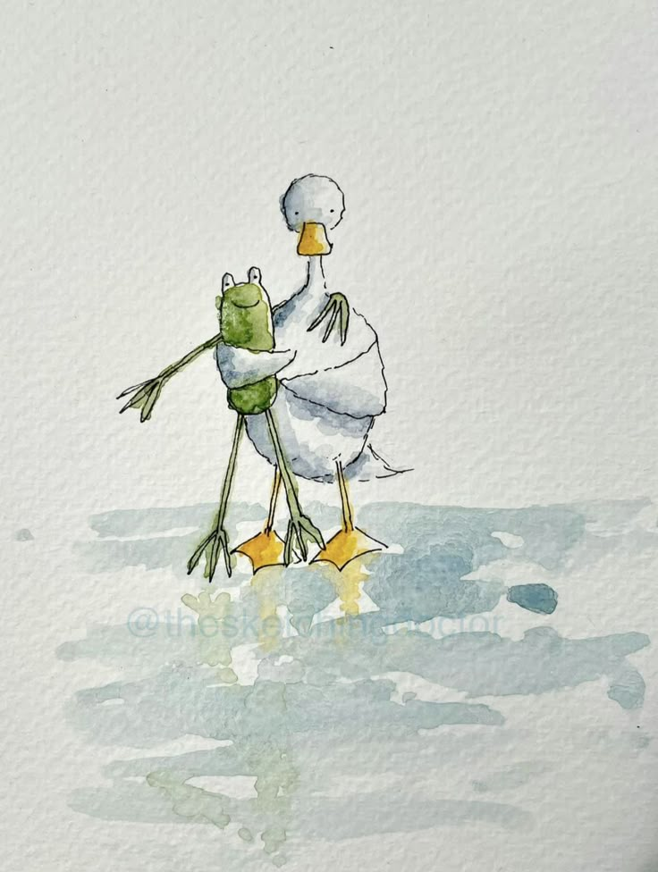 a watercolor painting of two frogs standing in the water with their arms around each other