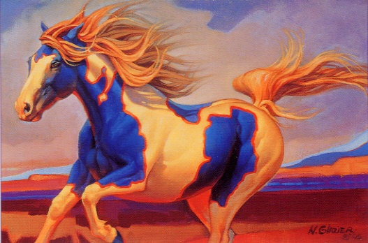 a painting of a running horse in the desert