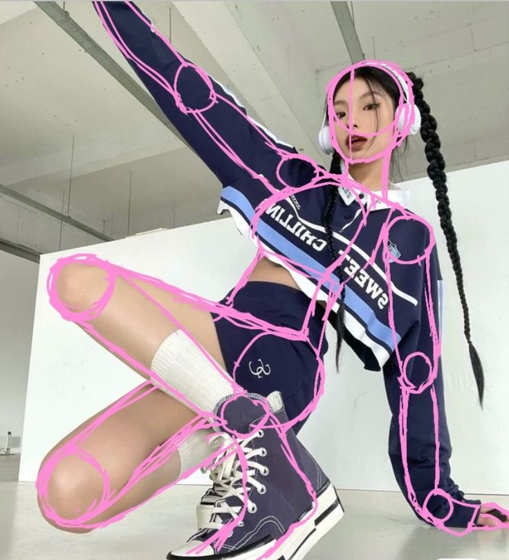 a woman in pink and black is posing with her legs spread out while wearing headphones