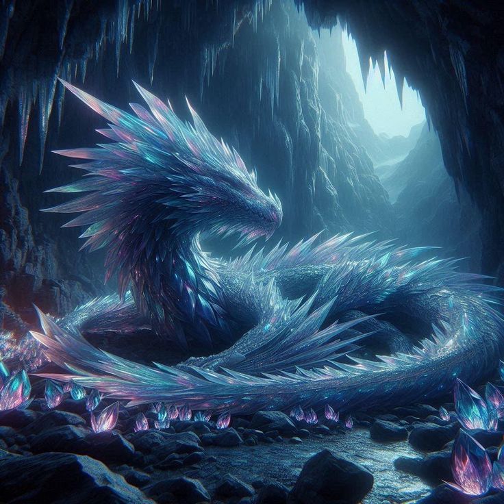 a blue dragon sitting in the middle of a cave with ice formations on it's sides