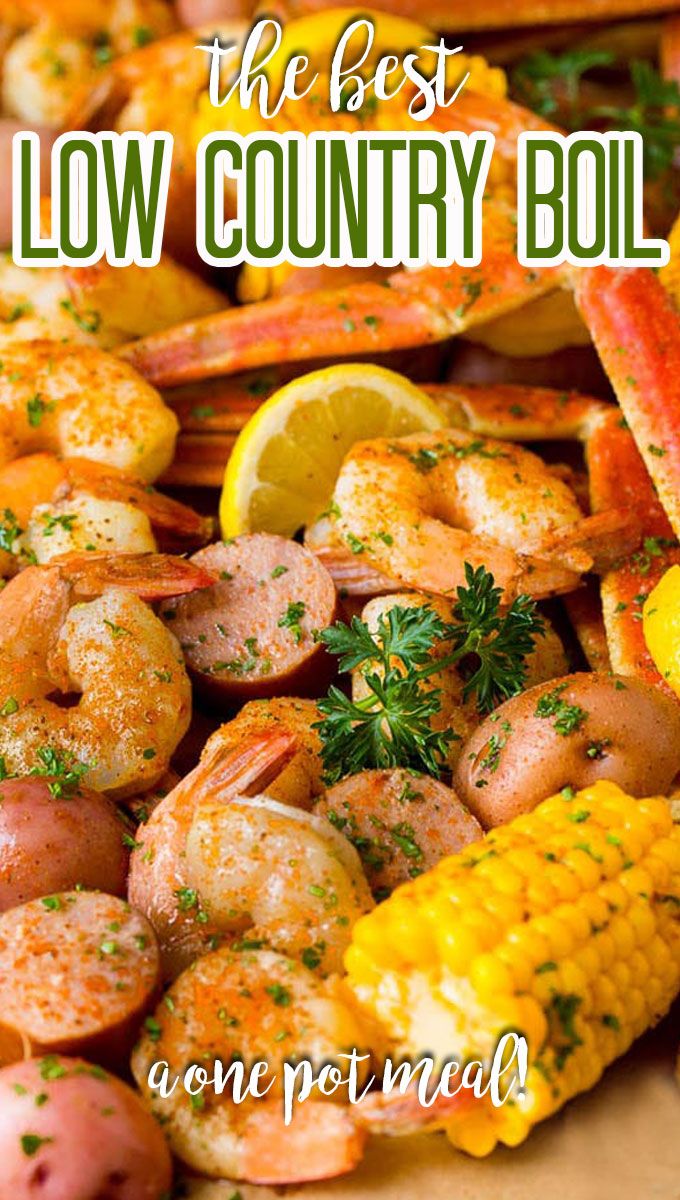 shrimp and corn on the cob with text overlay that reads low country shrimp boil