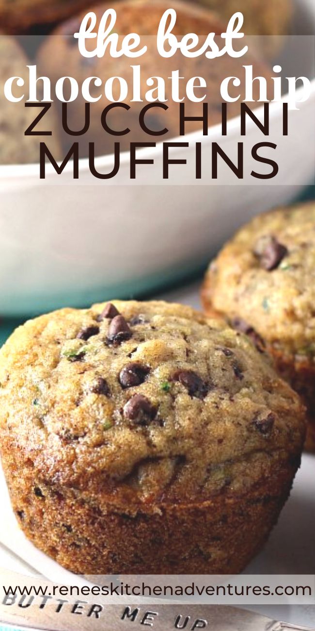 chocolate chip zucchini muffins on a plate with text overlay that reads the best chocolate chip zucchini muffins