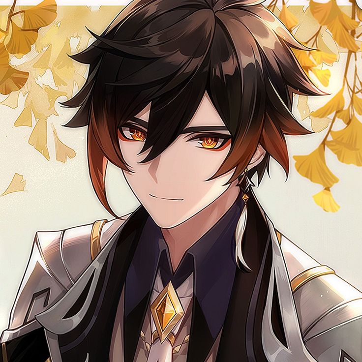 an anime character with black hair and brown eyes, wearing a gray jacket and gold collar