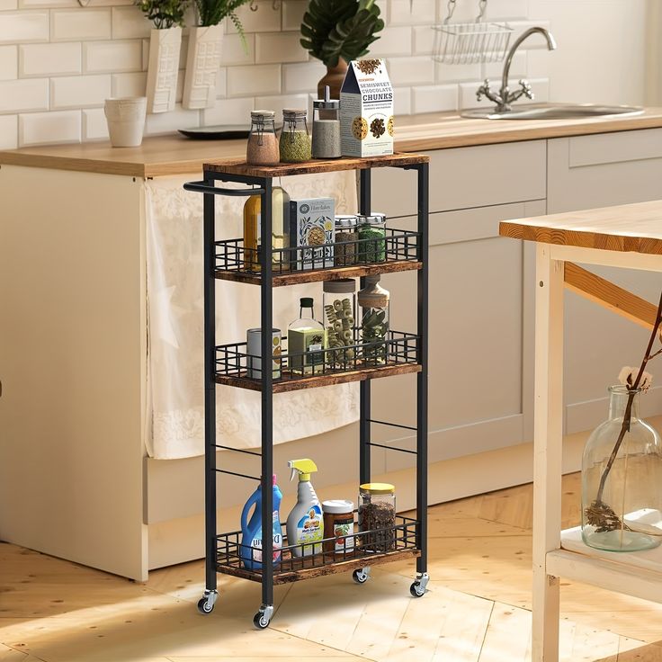 a kitchen cart with spices and condiments on it