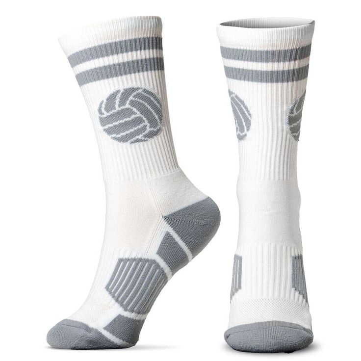 Gear up for the game with these Volleyball Mid-Calf Socks - Volleyball - White/Gray. Designed with volleyball players in mind, these socks feature a sleek white and gray design that complements any volleyball outfit. The woven fabric offers a comfortable and breathable fit, perfect for intense matches. The mid-calf length provides both style and protection on the court. With their cushioned footbed, these socks provide the support and comfort needed for a high-intensity game. Step onto the court White Go-dry Socks For Training, Sporty Gray Socks For Training, White Sporty Socks, Sporty Socks For Sports Events, Sporty Gray Sports Socks, Sporty Gray Socks For Sports, Sporty Fade-resistant Gray Socks, Gray Sweat-resistant Training Socks, White Moisture-wicking Gym Socks