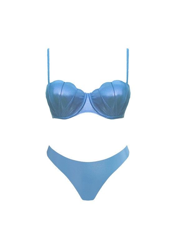 Dive into summer with our Shiny Seashell Bikini in blue! This swimsuit shines in the sun, making it the perfect choice for beach days or lounging by the pool. Featuring adjustable straps and mid-coverage bottoms, it's as practical as it is cute. Bring on the sunshine! Adjustable Straps Mid Coverage Bottoms Supportive Top Shines In The Sun Quick dry material Beachwear Swimwear With Boning For Sunbathing, Boning Beachwear Swimwear For Sunbathing, Structured Beachwear Swimwear For Sunbathing, Mermaid Swimwear For Beach Season, Beach Season Mermaid Swimwear, Summer Swimwear With Boning For Sunbathing, Beach Season Swimwear With Boning, Blue Underwire Swimwear For Summer, Mermaid Swimwear For Beach Season Party