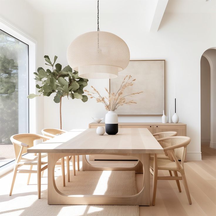 a dining room table and chairs in front of a large window with an art work on the wall