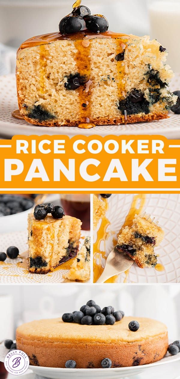 a cake with blueberries on top and the words rice cooker pancake above it