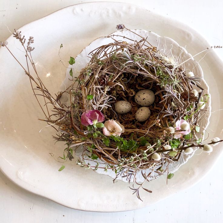 a white plate topped with a bird's nest filled with birds eggs and flowers