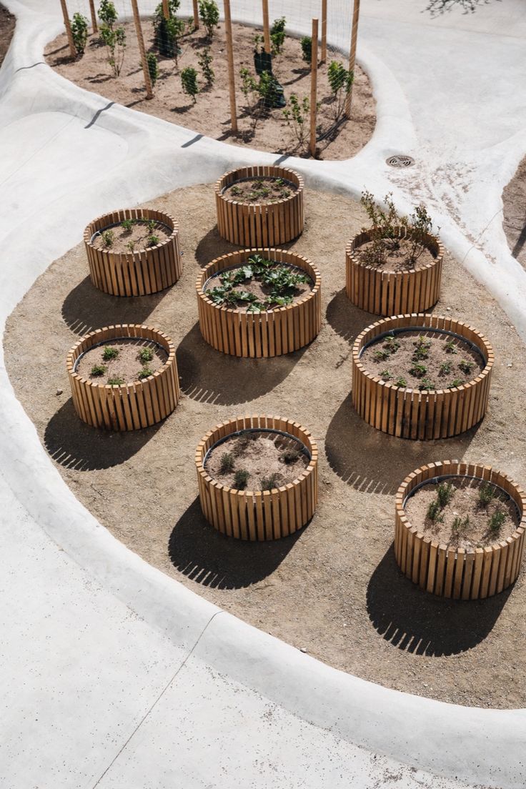 a group of wooden planters sitting on top of a sandy ground