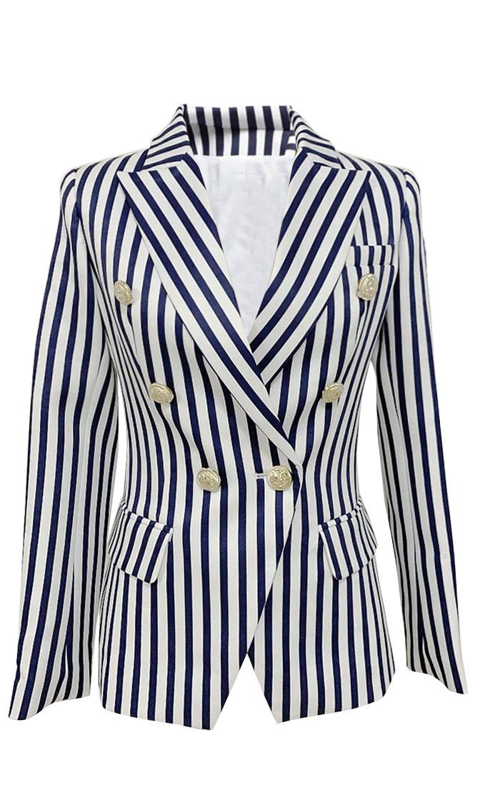 Ahoy Sailor Blue White Striped Pattern Long Sleeve Double Breasted Bla – Indie XO Slim Blazer, Chic Jeans, Plus Size Winter, Autumn Fits, Stripe Outfits, Blazer Designs, Striped Blazer, Double Breasted Blazer, Women's Wardrobe