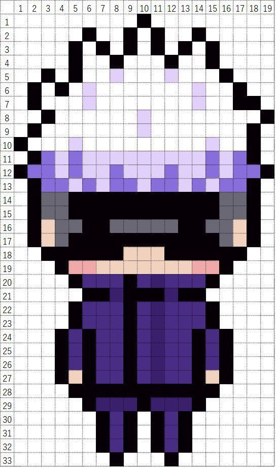 a pixellated image of a person in purple and black