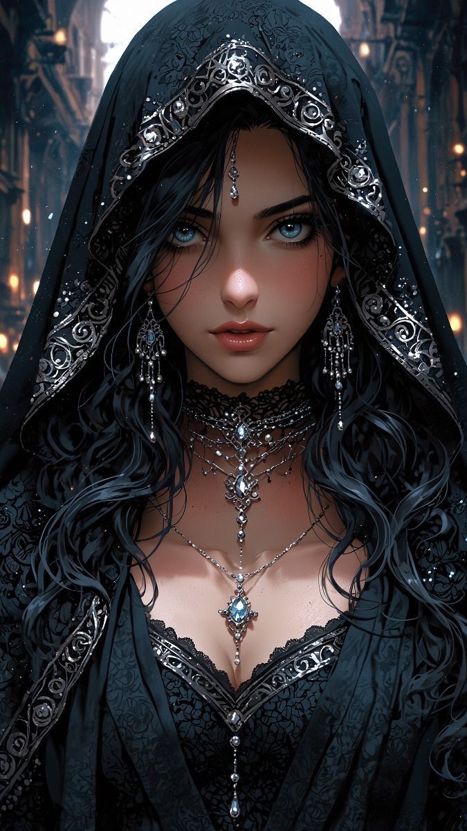 a woman with long black hair wearing a veil and jewelry in front of a cityscape