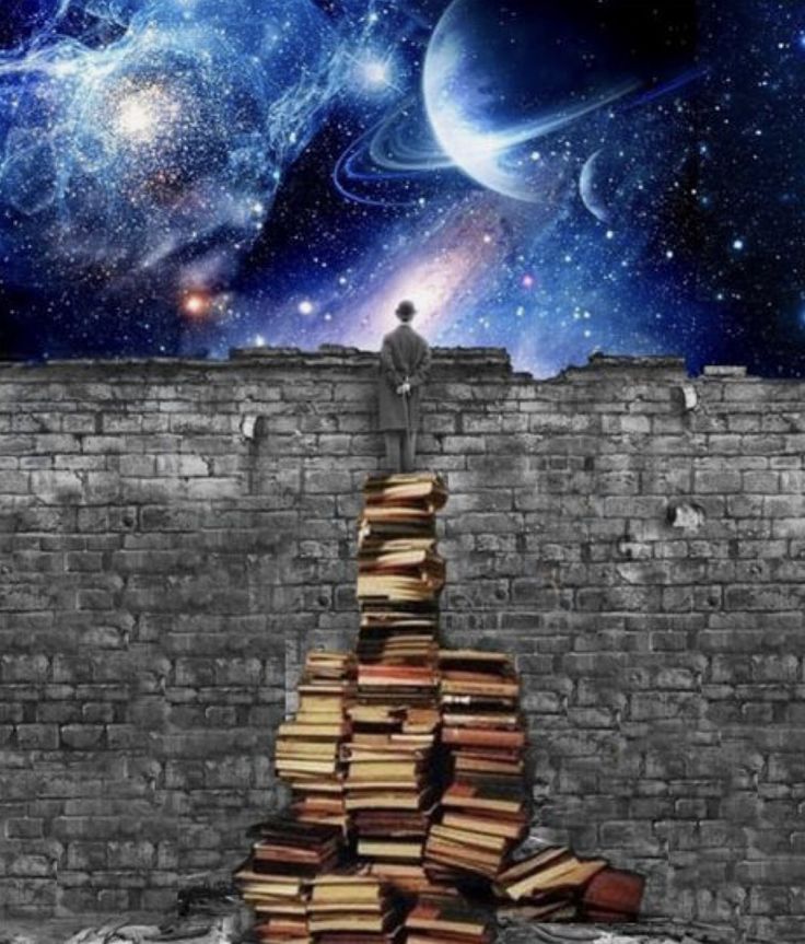 a man standing on top of a pile of books in front of a space filled with stars