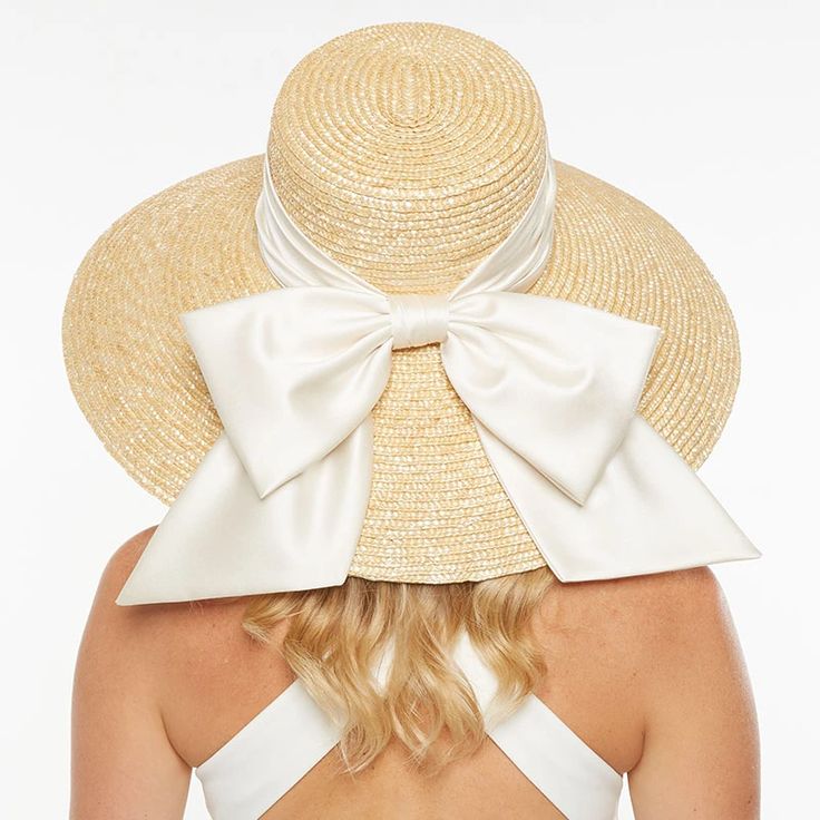 Mirabel in Natural with Cream Satin Bow by Eugenia Kim Bridal Elegant Adjustable Straw Hat With Upf 50+, Elegant Sun Hat With Upf 50+ For Kentucky Derby, Elegant White Straw Hat, White Elegant Straw Hat, Elegant Straw Boater Hat With Upf 50+, Elegant Cream Panama Hat In Straw, Elegant Cream Straw Panama Hat, Elegant Cream Panama Hat Made Of Straw, Elegant Upf 50+ Straw Hat For Kentucky Derby