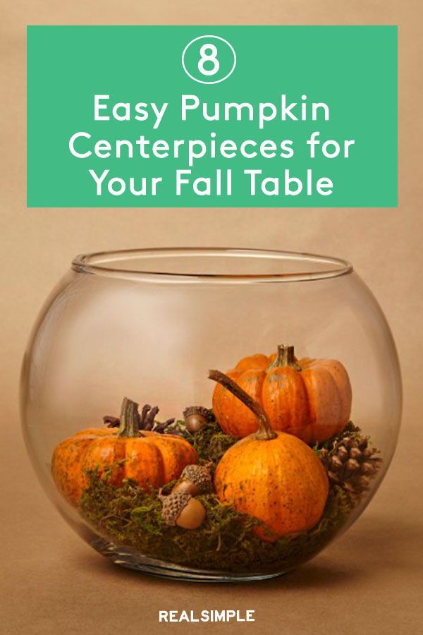 pumpkins in a bowl with moss and pine cones on the bottom text reads 8 easy pumpkin centerpieces for your fall table