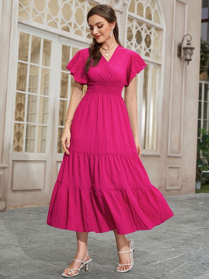 Hot Pink Elegant Collar Short Sleeve Polyester Plain A Line Embellished Non-Stretch  Women Dresses Short Maxi, Pink Cotton Dress For Dress-up, Pink Frocks For Women, Pink Summer One-piece Dress, Stretch Fabric Dress, Hot Pink Dress, Casual Pink A-line Maxi Dress, Vestidos Color Fucsia, Vestido Pink Midi