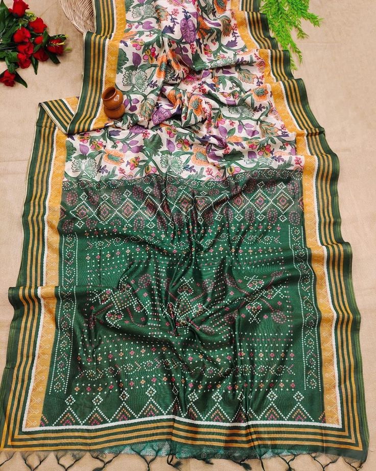 Fabulous linen floral saree with Bandhej pallu comes with unstitched blouse piece Multicolor Pre-draped Saree With Printed Border In Tussar Silk, Multicolor Tussar Silk Pre-draped Saree For Eid, Multicolor Pre-draped Saree With Printed Motifs For Eid, Multicolor Pre-draped Saree With Printed Border For Eid, Unstitched Green Bohemian Blouse Piece, Green Saree With Printed Border For Eid, Festive Multicolor Pre-draped Slub Silk Saree, Green Semi-stitched Blouse Piece With Printed Border, Multicolor Bandhani Print Chanderi Unstitched Suit