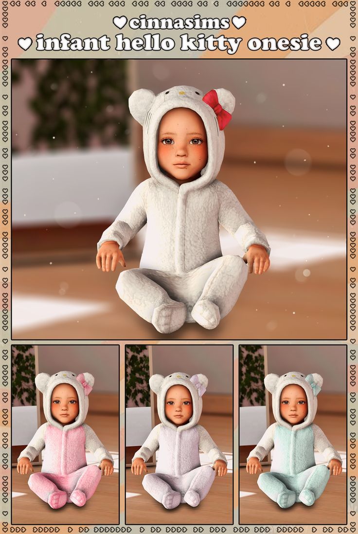 the baby doll is wearing a bear suit and sitting on the floor with four different poses