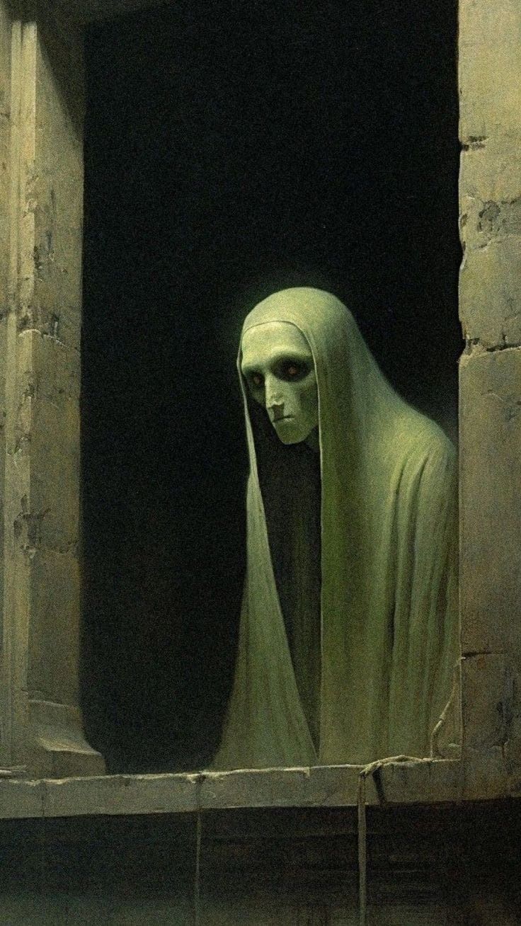 a painting of a woman in a white veil looking out an open window at the night