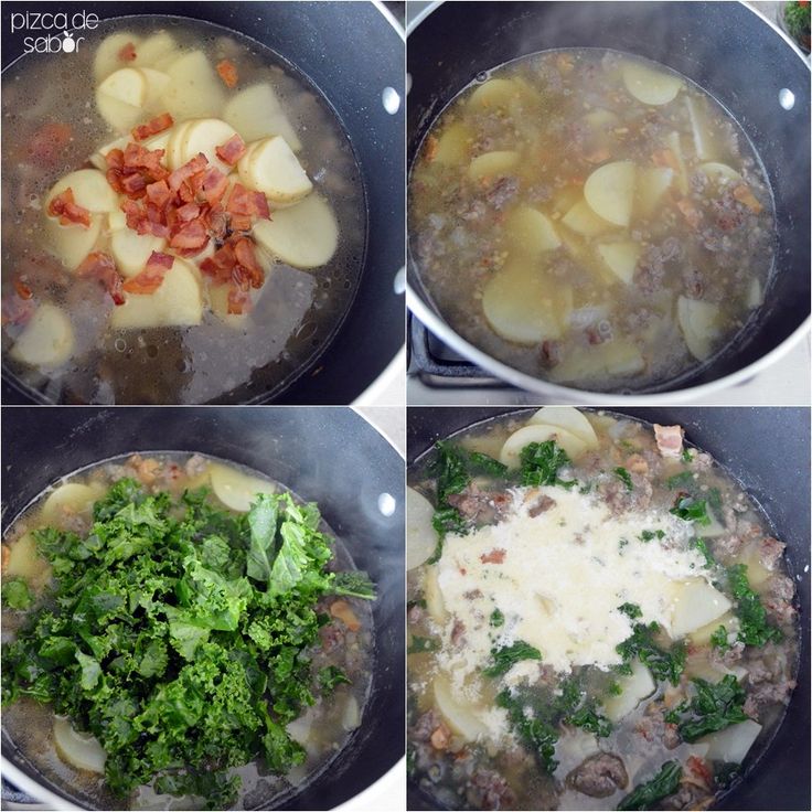 four pictures show different stages of cooking food in a pot with broccoli and cheese