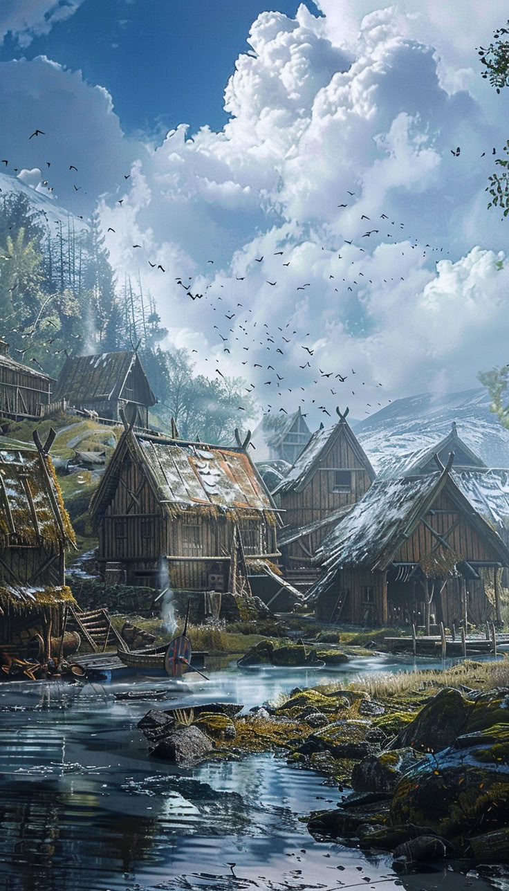 a painting of a village with birds flying over it