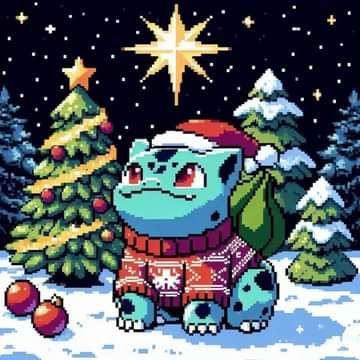 a pixel art christmas scene with an ugly monster