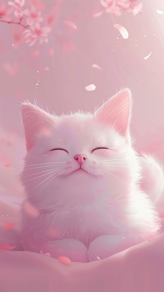 a white cat with its eyes closed laying down on a pink blanket covered in petals