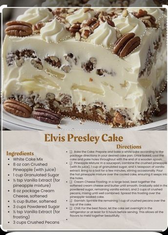 Elvis Presley Cake Recipe, Elvis Cake, Cake With Pecans, Desserts Easy No Bake, Elvis Presley Cake, Desserts Oreo, Cake Mix Desserts, Grandma's Recipes, Pecan Cake