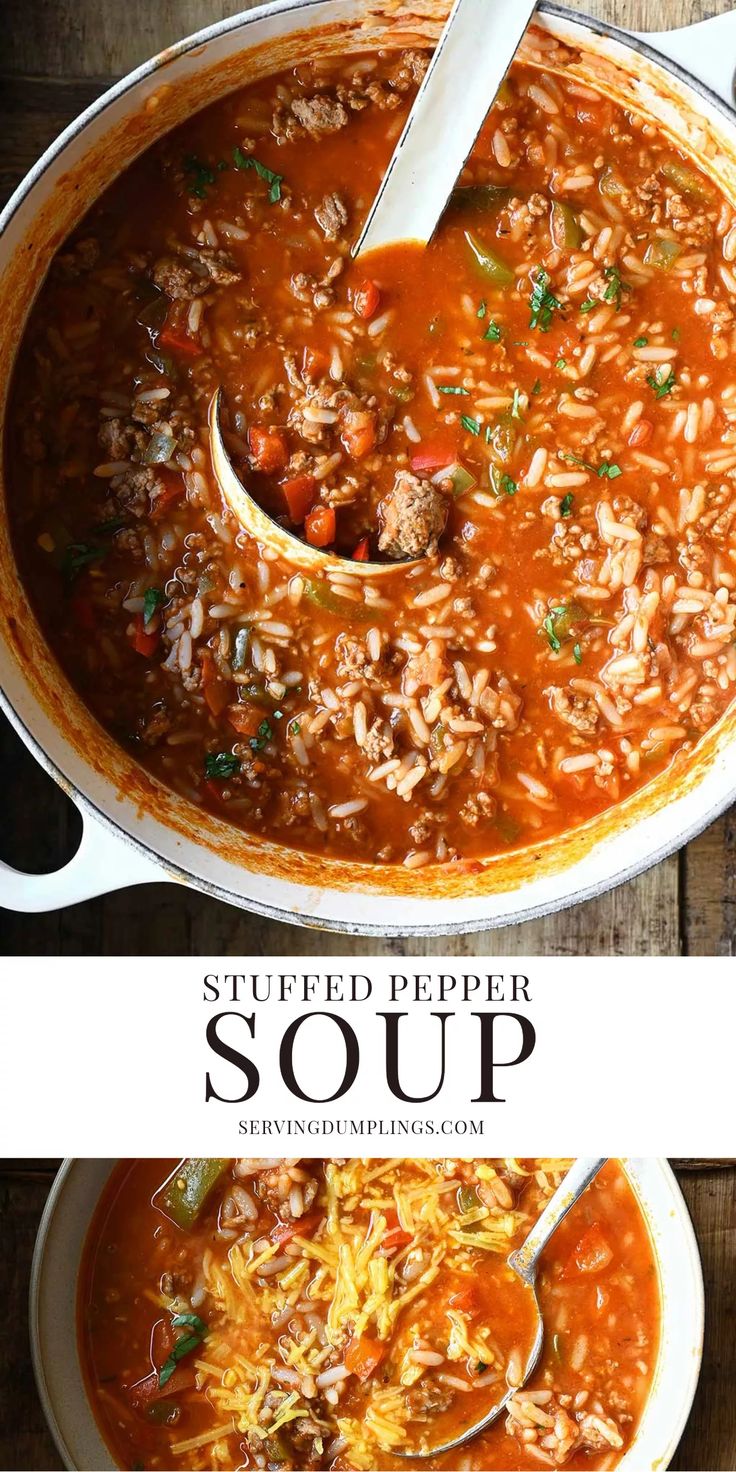 two pictures showing different types of soup in the same pot and one with spoons