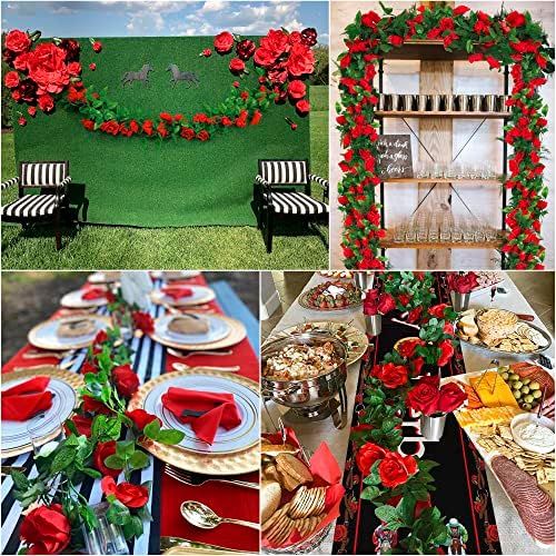 a collage of photos with red flowers and green grass, plates and silverware