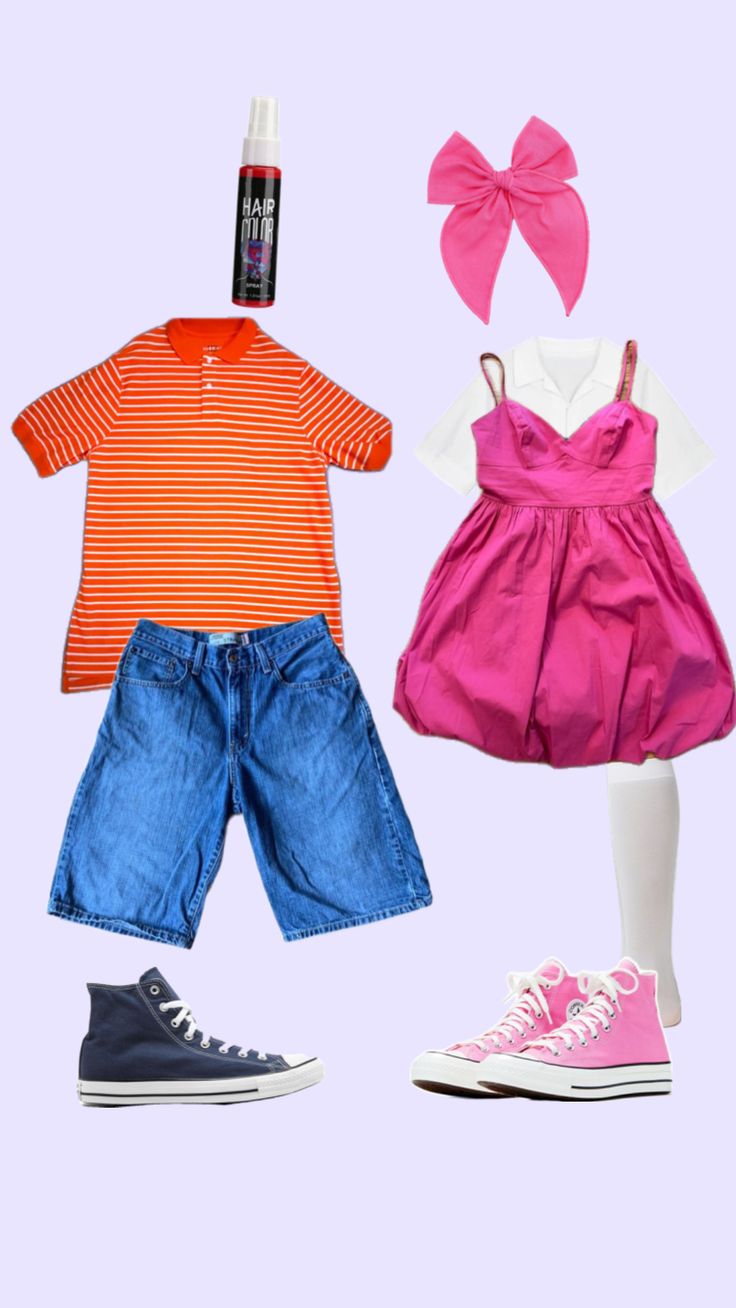 three different types of clothing and shoes on display with one wearing an orange shirt, the other blue