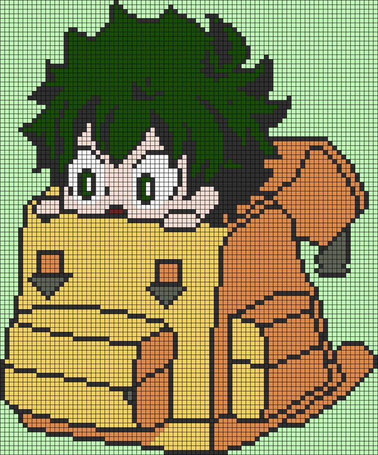 a cross stitch pattern of a boy with green hair