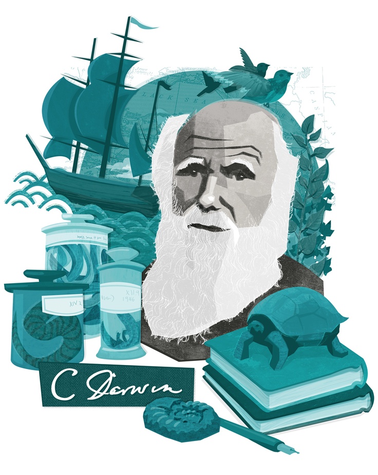 an illustration of a man with a beard and white hair next to books, vases and other items